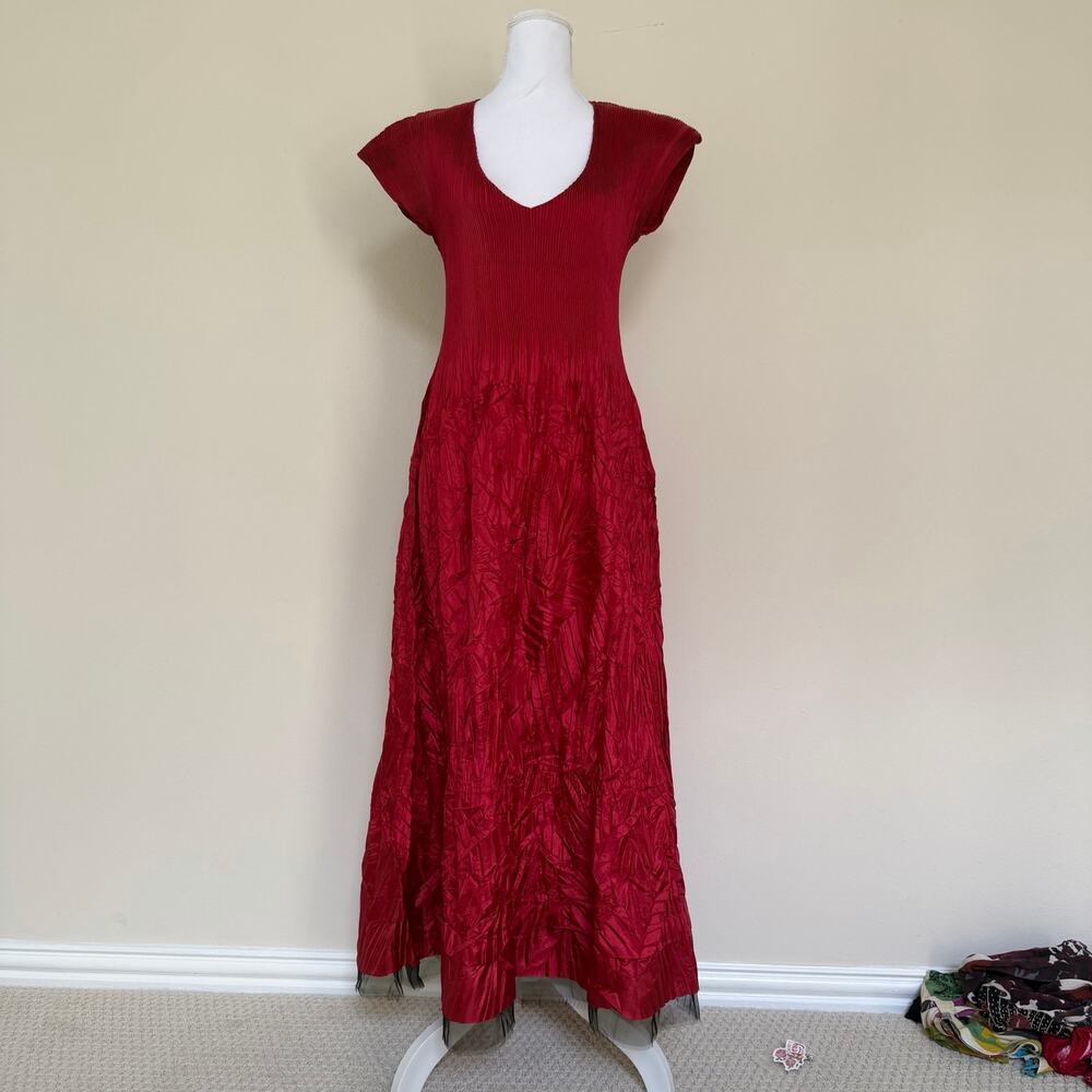 ALQUEMA Size 1 Red Pleated Crinkle Texture Maxi Dress Art To Wear Cap Sleeve